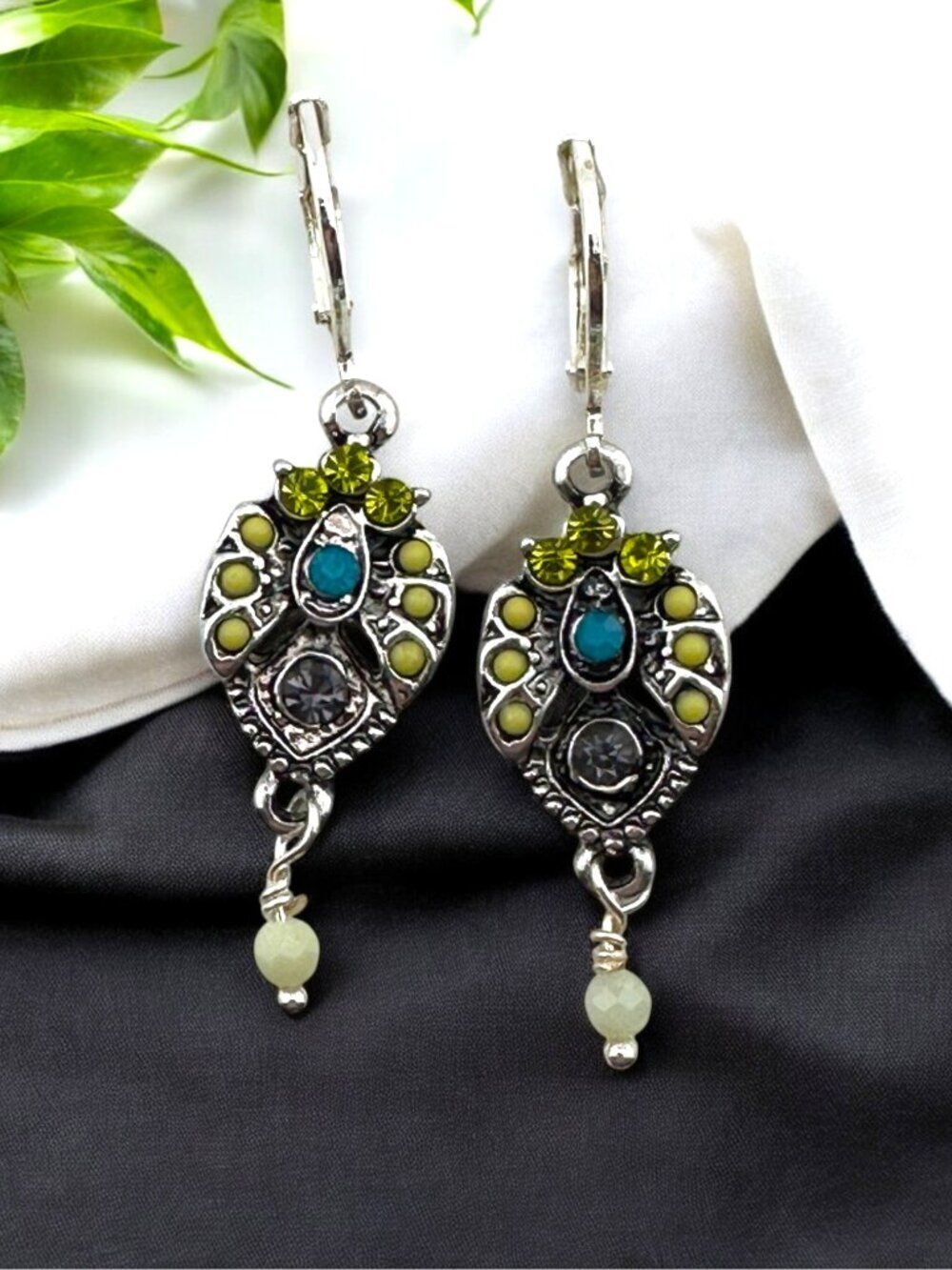 Boho Art Nouveau Earrings Silver Filled Leverbacks Green Chrysoprase